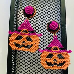 Pumpkin Witch Hat Beaded Halloween Earrings Jack O Lantern Fall Jewelry